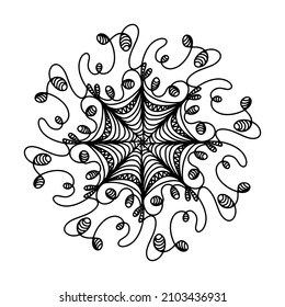 Hand drawn spider web mandala isolated on white background. Cute doodle squid, octopus, tentacles, alien, hive, dreamcatcher. Coloring page for adult and kids. Scribble ink line art. Antistress book