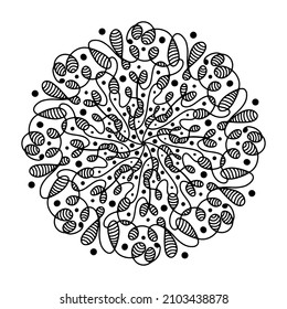 Hand drawn spider web mandala isolated on white background. Cute doodle squid, octopus, tentacles, alien, hive, dreamcatcher. Coloring page for adult and kids. Scribble ink line art. Antistress book