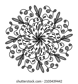 Hand drawn spider web mandala isolated on white background. Cute doodle squid, octopus, tentacles, alien, hive, dreamcatcher. Coloring page for adult and kids. Scribble ink line art. Antistress book
