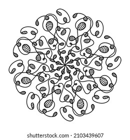 Hand drawn spider web mandala isolated on white background. Cute doodle squid, octopus, tentacles, alien, hive, dreamcatcher. Coloring page for adult and kids. Scribble ink line art. Antistress book