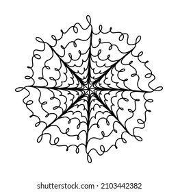Hand drawn spider web mandala isolated on white background. Cute doodle squid, octopus, tentacles, alien, hive, dreamcatcher. Coloring page for adult and kids. Scribble ink line art. Antistress book