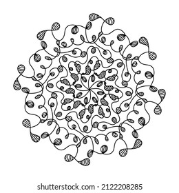 Hand drawn spider web mandala isolated on white background. Cute doodle squid, octopus, tentacles, alien, hive, dreamcatcher. Coloring page for adult and kids. Scribble ink line art. Antistress book