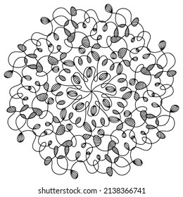 Hand drawn spider web mandala isolated on white background. Cute doodle squid, octopus, tentacles, alien, hive, dreamcatcher. Coloring page for adult and kids. Scribble ink line art. Antistress book