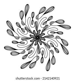 Mandala web de araña dibujada a mano aislada en fondo blanco. Calamar de doodle, pulpo, tentáculos, alienígena, colmena, soñador. Página de colorear para adultos y niños. Arte de la línea de tintas de escriba. Libro de antiestrés
