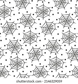 Hand drawn spider web pattern for Halloween. Cute spooky doodle print for fun All Hallows' Eve party. Seamless black and white texture with cobweb from freehand for cover, textile, fabric, souvenir.