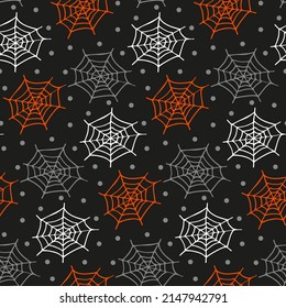 Hand drawn spider web pattern for Halloween party. Cute spooky orange, white print for fun All Hallows' Eve party. Seamless black texture with cobweb from freehand for cover, textile, fabric, souvenir