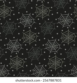 Hand drawn spider web pattern for Halloween. Cute spooky doodle print for fun All Hallows' Eve party. Seamless black and серая texture with cobweb from freehand for cover, textile, fabric, souvenir.