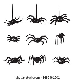 Hand drawn spiders set. Hanging cute doodle spider characters for the Halloween party.