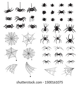 Hand drawn spiders, spiderweb, bugs collection for haloween design. Silhoette insects