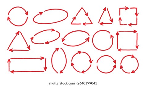 Hand drawn spinning arrows set. Recycling and circulation. Doodle geometric rotating arrow. Hand drawn red arrows. Arrows for trendy design or decor, direction indication. Vector motion arrows.