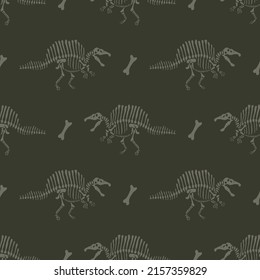 Hand drawn spinosaurus dinosaur fossil seamless vector pattern. Gender Neutral Jurassic silhouette for baby nursery. Home decor for museum, extinction and textile design.