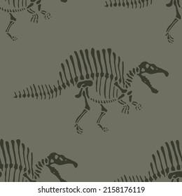 Hand drawn spinosaurus dinosaur fossil seamless vector pattern. Gender Neutral Jurassic silhouette for baby nursery. Home decor for museum, extinction and textile design.
