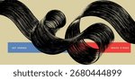 Hand drawn spiral brush strokes with grainy spray effect. Black art curved lines form a bold horizontal banner. Distressed vector retro background with rough texture, scattered small dotted details.