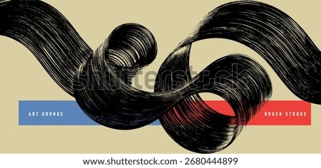 Hand drawn spiral brush strokes with grainy spray effect. Black art curved lines form a bold horizontal banner. Distressed vector retro background with rough texture, scattered small dotted details.