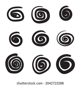 Icono de la espiral dibujada a mano. Símbolo de onda giratoria de garrapatas, silueta de barrido, signo de vórtice de garrapatas, elemento gráfico de barrido a mano, conjunto de espirales esquemáticas, ilustración de vectores de bobina