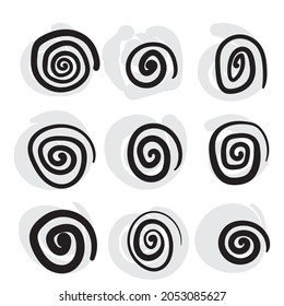 Hand Drawn spiral icon. Doodle swirl wave symbol, sketch whirl silhouette, scribble vortex sign, handdrawn whirlwind graphic element, sketchy spirals set, coil vector illustration