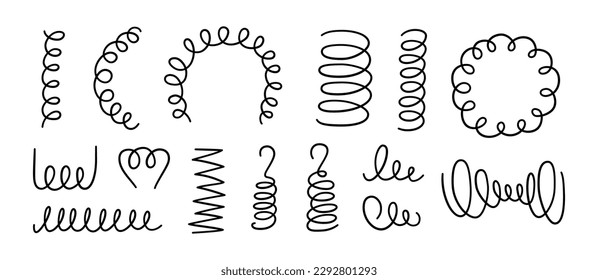 Hand drawn spiral springs set. Doodle flexible coils, wire spring symbols. Metal coil spiral icons. Vector illustration isolated on white background. svg