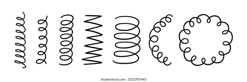 Hand drawn spiral springs set. Doodle flexible coils, wire spring symbols. Metal coil spiral icons. Vector illustration isolated on white background.