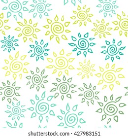 Hand drawn spiral sun vector seamless pattern