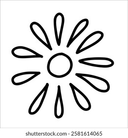 Hand drawn splash sun with water droplet rays in doodle style. Cute splash water, doodle sun, perfect for adding and decorations artwork. Simple splash sun with water design for cheerful decorations