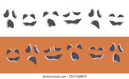 Hand drawn spooky faces isolated on white and orange background. Set of Halloween creepy monsters with different emotions and facial expressions. Vector cartoon illustration for Halloween party