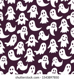 Hand Drawn Spooky Ghost Seamless Pattern. Happy Halloween. Vector Illustration.