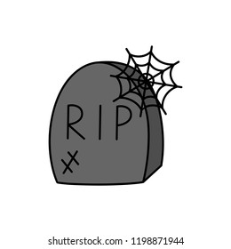 Hand drawn spooky gravestone vector illustration. Halloween, death themed, old, broken, grey tombstone with rip writing and spider web, isolated.