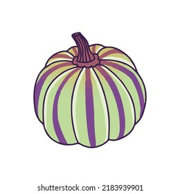 Hand drawn spooky green pumpkin. Scary pumpkin for halloween. Vector clipart in cartoon style. Illustration isolated on white background.