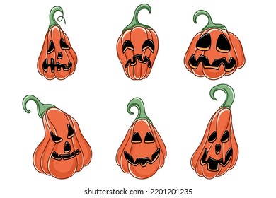 Hand drawn spooky halloween pumpkin set. Horrible faces of characters for Halloween holiday. Traditional heads with different emotions. Isolated vector illustration