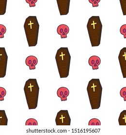 Hand drawn spooky halloween template with seamless pattern on white backdrop. Holiday horror background with coffin and skull. Vector cartoon design.