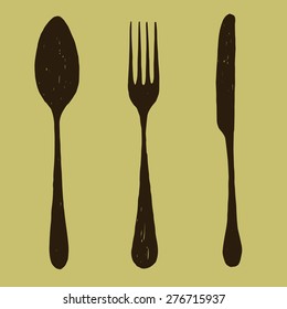 Hand Drawn Spoon, Fork And Knife Vector Illustration