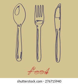 Hand Drawn Spoon, Fork And Knife Vector Illustration