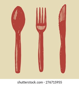 Hand Drawn Spoon, Fork And Knife Vector Illustration