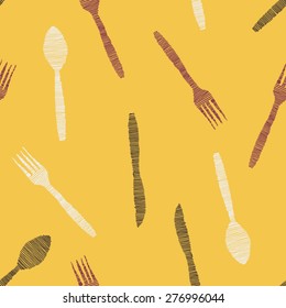 hand drawn spoon, fork and knife seamless pattern
