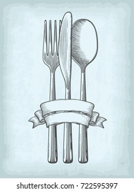 Hand drawn spoon, fork and knife with ribbon banner. Old craft paper texture background. Engraved style vector illustration. Elements for your design works.