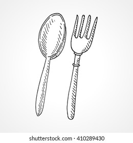 Hand Drawn Spoon And Fork On A White Background. Vector Illustration