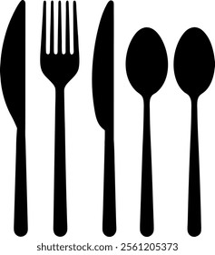 Hand drawn spoon and knife set icon silhouette, Set of various fork black  white fashion elements isolated