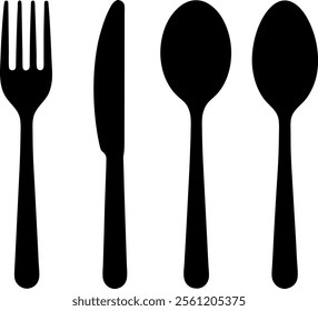 Hand drawn spoon and knife set icon silhouette, Set of various fork black  white fashion elements isolated