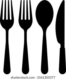 Hand drawn spoon and knife set icon silhouette, Set of various fork black  white fashion elements isolated