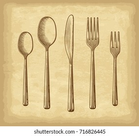 Hand drawn spoons, forks and knife. Old paper texture background. Engraved style vector illustration. Elements for your design works.