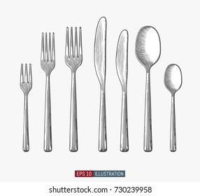 Hand drawn spoons, forks and knifes. Engraved style vector illustration. Elements for your design works.