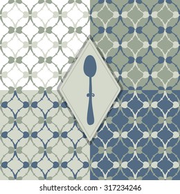 Hand drawn spoons pattern set - grey green & blue vintage color and classical circle pattern design 