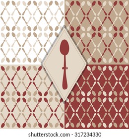 Hand drawn spoons pattern set - beige & red wine vintage color and classical rhombus pattern design 