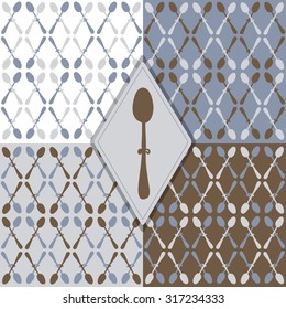 Hand drawn spoons pattern set - grey brown & blue vintage color and classical rhombus pattern design 