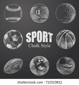 Hand Drawn Sport Balls Sketches Set. Collection Of  Balls Sketch Elements isolated on chalkboard