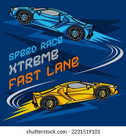 Hand drawn Sport car. Graphic design Illustration Vector for print, baby clothes, for fashion textile, wrapping paper, t-shirt and other.