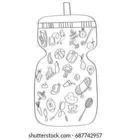 Hand drawn sport equipment and food doodles healthy lifestyle and proper nutrition