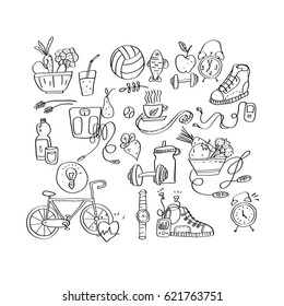 Hand Drawn Sport Equipment Icons Vector Illustration