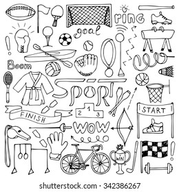 Hand drawn Sport equipment set. Vector illustration of doodle sport elements for backgrounds, textile prints, web and graphic design