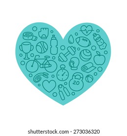 Hand drawn sport and fitness icons arranged in a heart shape isolated on white background.